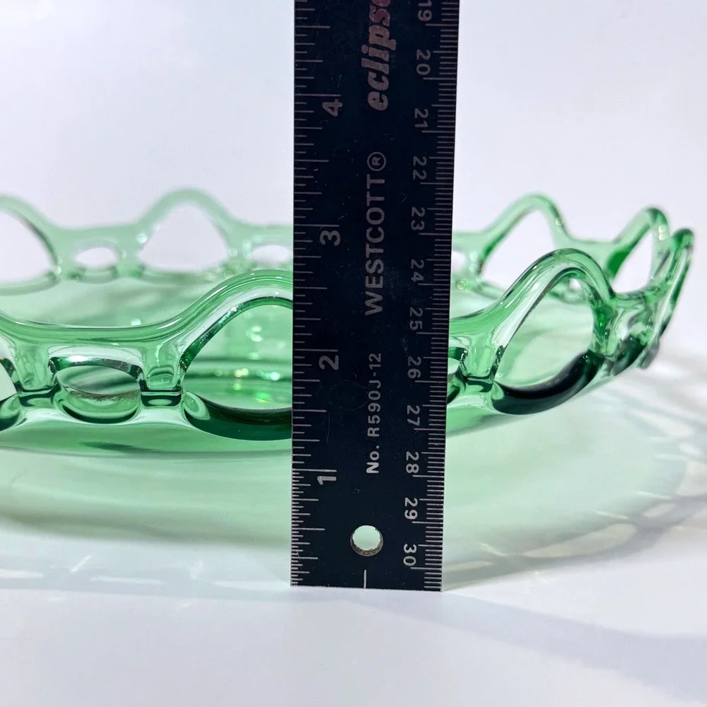 Vintage Green Uranium Glass Bowl Open Lace Edge Depression Glass Glows UV 11.5in
